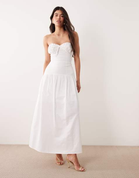 Vestido largo blanco con escote palabra de honor en forma de corazón, cintura baja y bajo fruncido de algodón exclusivo de Kaiia - view 1