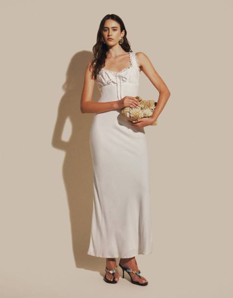 Vestido largo blanco con espalda al aire, lazada en el pecho y la espalda y ribete de encaje de mezcla de lino Lillette de Princess Polly - view 1