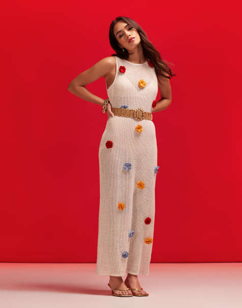 Vestido largo blanco con flores tridimensionales de croché de ASOS DESIGN - view 1