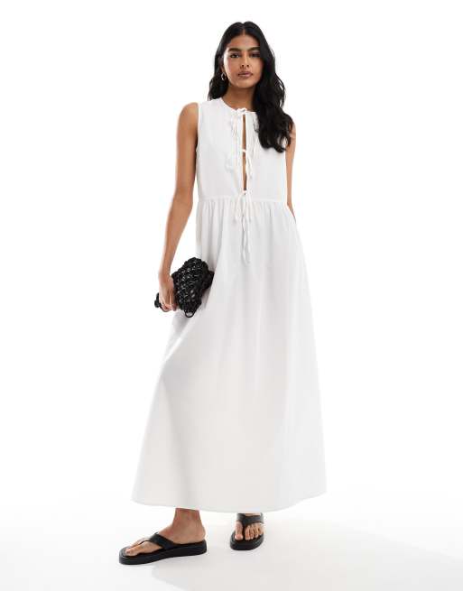 Vestido largo blanco con lazadas delanteras de popelina de ASOS DESIGN
