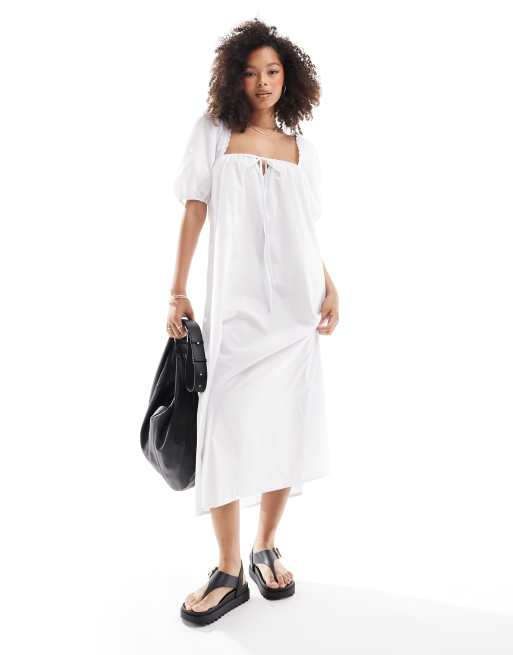 Vestido largo blanco con mangas abullonadas de popelina de ASOS DESIGN