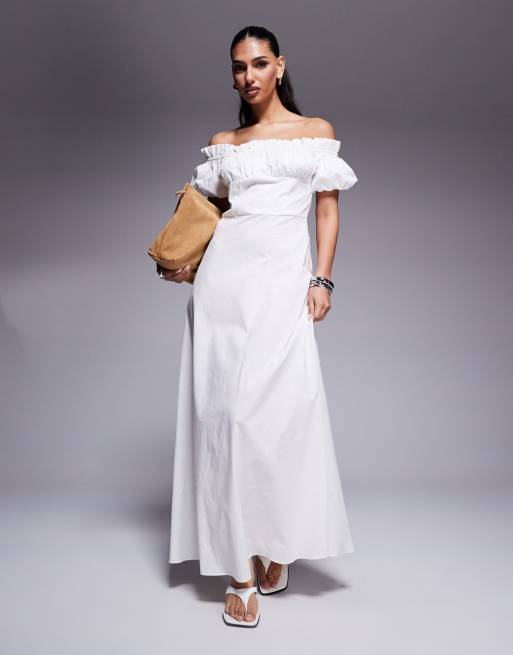 Vestido largo blanco con mangas abullonadas y escote Bardot de popelina exclusivo de Kaiia