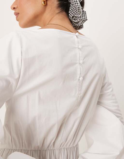 Vestido largo blanco con mangas voluminosas y cintura asimétrica de popelina de ASOS DESIGN, 4 de 4