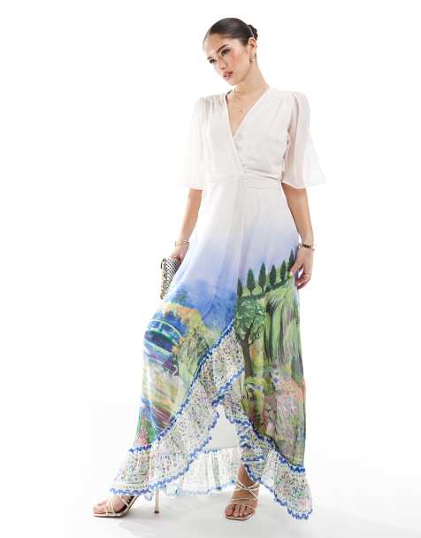 Vestido largo blanco cruzado con estampado de paisaje, mangas fluidas y lazada en la cintura de Hope & Ivy - view 1