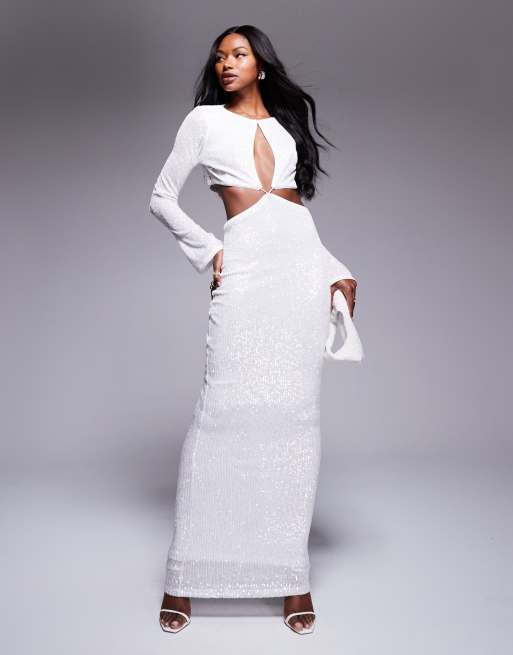 Vestido largo blanco cruzado envolvente de manga larga con detalle de abertura de lentejuelas de ASOS DESIGN