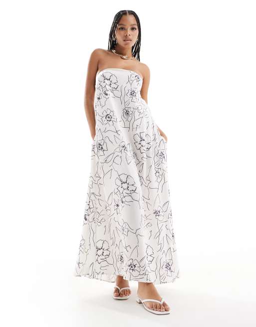 Vestido largo blanco de corte depurado con estampado floral dibujado negro y escote palabra de honor de ASOS DESIGN