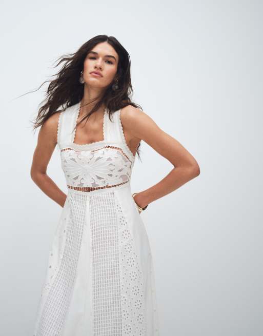 Vestido largo blanco de corte trapecio con diseño calado y bordado variado de Topshop