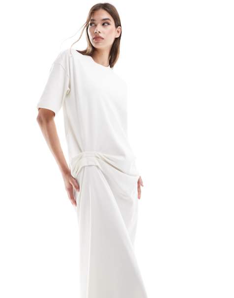 Vestido largo blanco hueso estilo camiseta de corte recto con detalle recogido de ASOS DESIGN - view 1