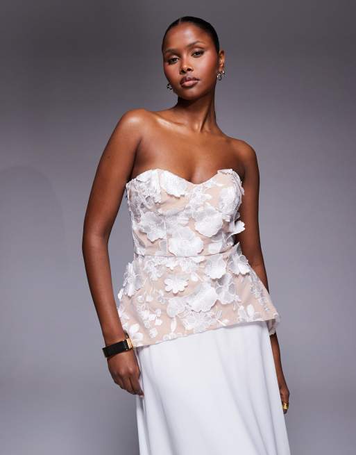Vestido largo blanco marfil con corpiño de encaje floral Kay de Jarlo, 4 de 4