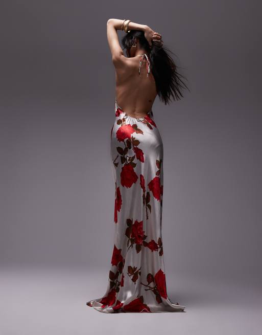 Vestido largo blanco marfil de corte al bies con estampado de rosas y cuello halter de Topshop
