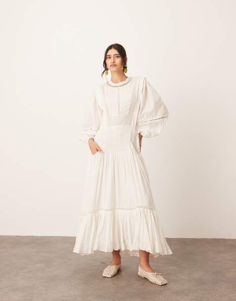 Vestido largo blanco marfil de voile de algodón con ribete de encaje de ARRANGE - view 1