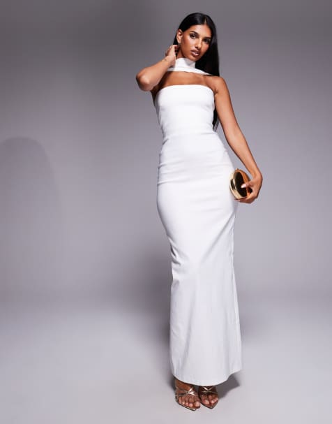 Vestido largo blanco palabra de honor con detalle de gargantilla y ribete en la espalda de bengalina de Vesper - view 1