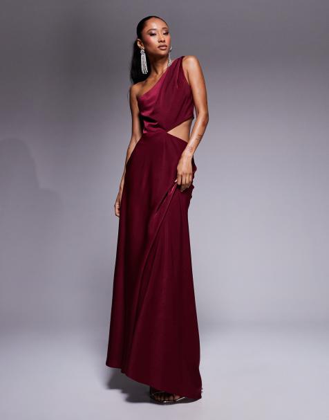 Vestido largo burdeos con abertura y tirante retorcido de satén de ASOS DESIGN - view 1