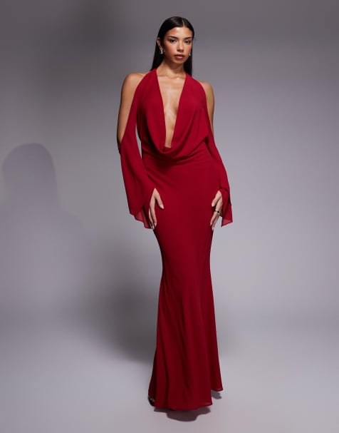 Vestido largo burdeos con cuello halter y espalda abierta de chifón de georgette Rosanna de I.AM.GIA - view 1