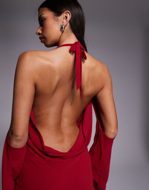 Vestido largo burdeos con cuello halter y espalda abierta de chifón de georgette Rosanna de I.AM.GIA, 4 de 4
