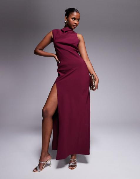 Vestido largo burdeos con cuello y lateral del pecho asimétricos de satén de ASOS DESIGN - view 1