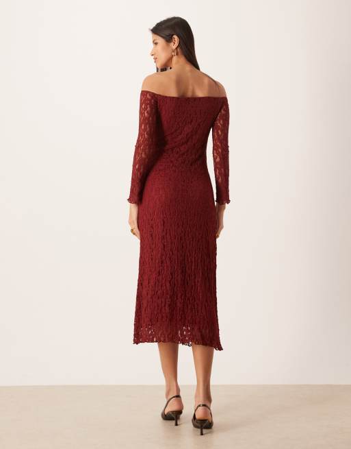 Vestido largo burdeos con escote Bardot de encaje de ASOS DESIGN, 4 de 4