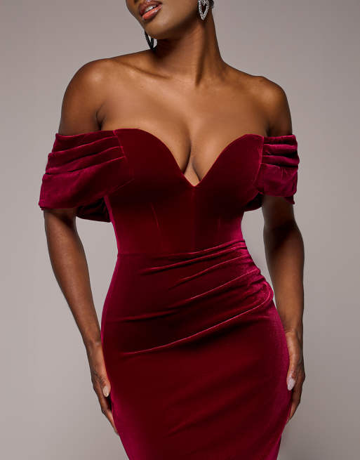 Vestido largo burdeos con escote Bardot pronunciado de terciopelo de Goddiva, 2 de 4