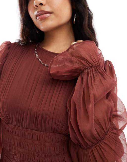 Vestido largo burdeos con mangas escalonadas estilo blusón y cinturilla fruncida de ASOS DESIGN, 3 de 4