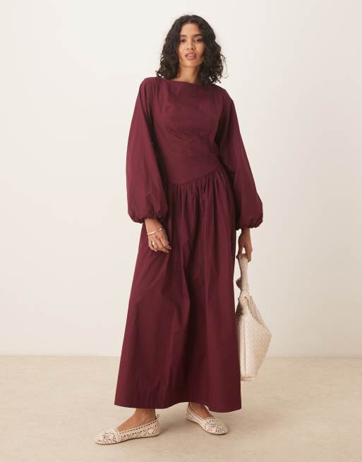 Vestido largo burdeos con mangas voluminosas de popelina de ASOS DESIGN
