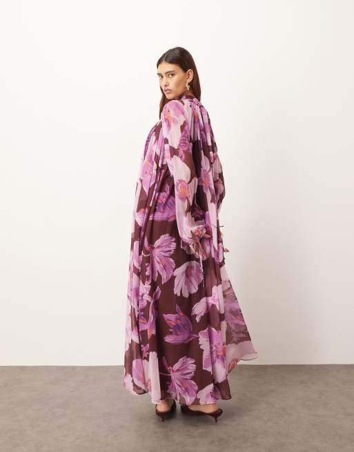 Vestido largo burdeos de corte trapecio con mangas globo y estampado floral de chifón de ARRANGE, 4 de 4