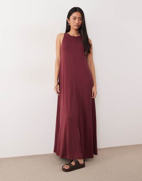 Vestido largo burdeos de corte trapecio de mezcla de modal de ASOS DESIGN - view 1