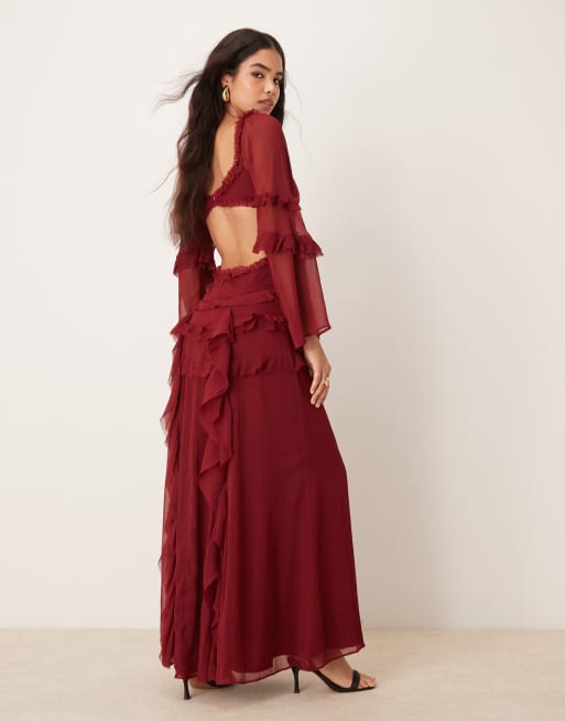 Vestido largo burdeos de manga larga con cuello de pico y volantes de ASOS DESIGN, 3 de 4