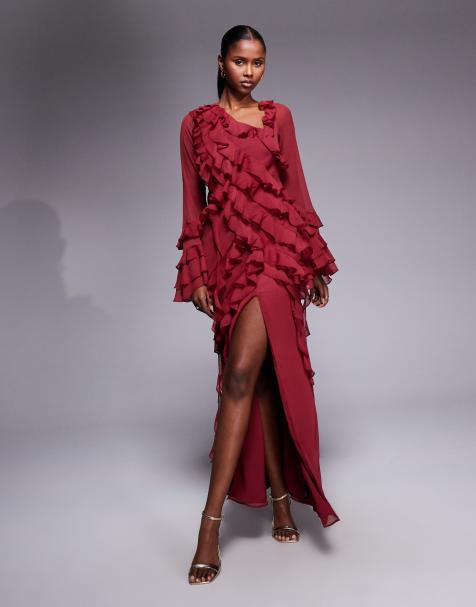 Vestido largo burdeos de manga larga con diseño asimétrico de volantes escalonados de chifón de ASOS DESIGN - view 1