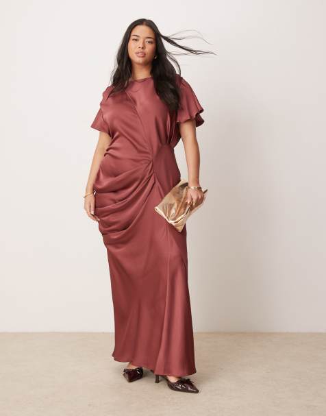 Vestido largo burdeos lavado con mangas fluidas de satén de ASOS DESIGN Curve - view 1