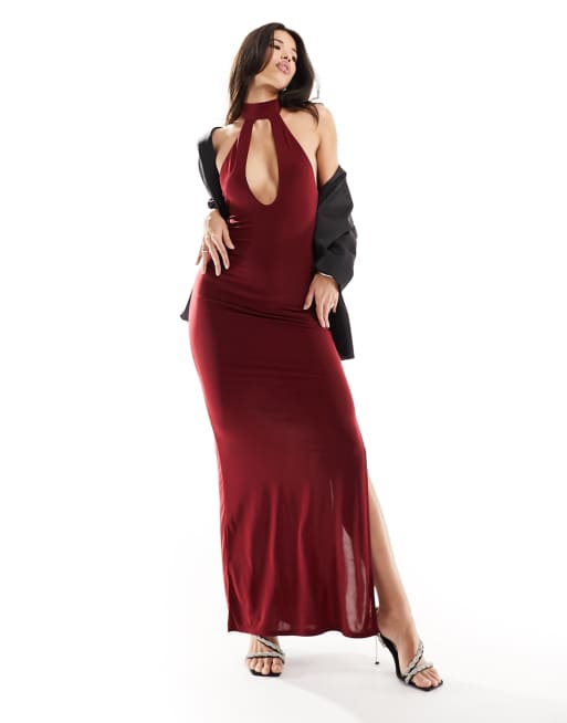 Vestido largo burdeos muy escotado sin mangas con cuello halter de ASOS DESIGN 