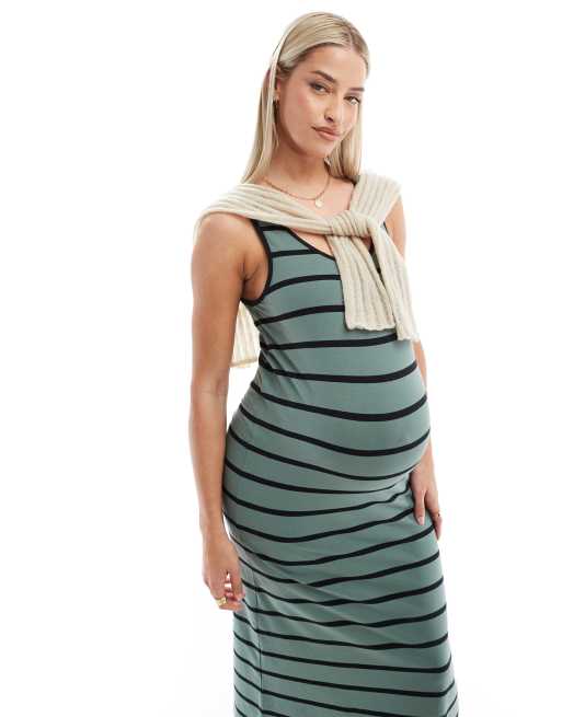 Vestido largo caqui a rayas negras de punto de Mamalicious Maternity, 3 de 4