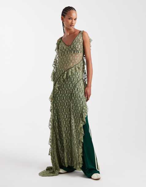 Vestido largo caqui asimétrico con detalles efecto rasgado y costuras a la vista de encaje transparente de ASOS DESIGN - view 1