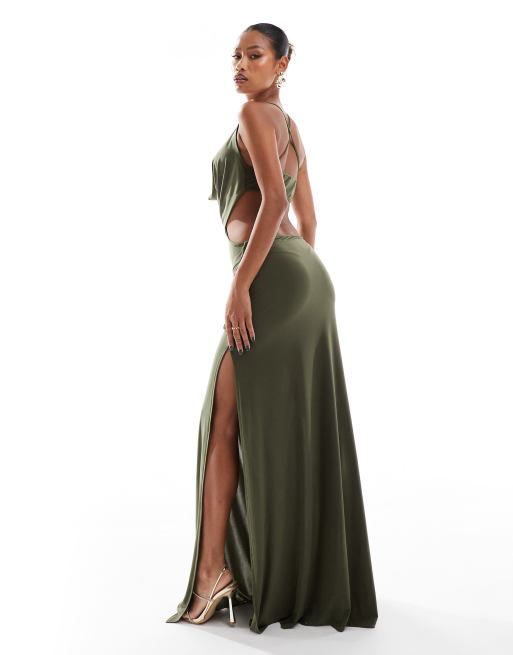 Vestido largo caqui ceñido con cuello desbocado y diseño efecto prendas separadas de ASOS DESIGN, 3 de 4