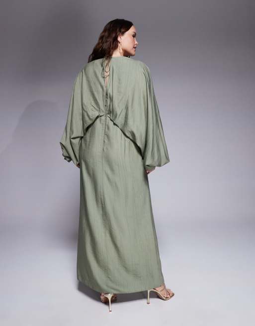 Vestido largo caqui claro escotado con diseño elástico y mangas blusón de ASOS DESIGN Curve, 3 de 4