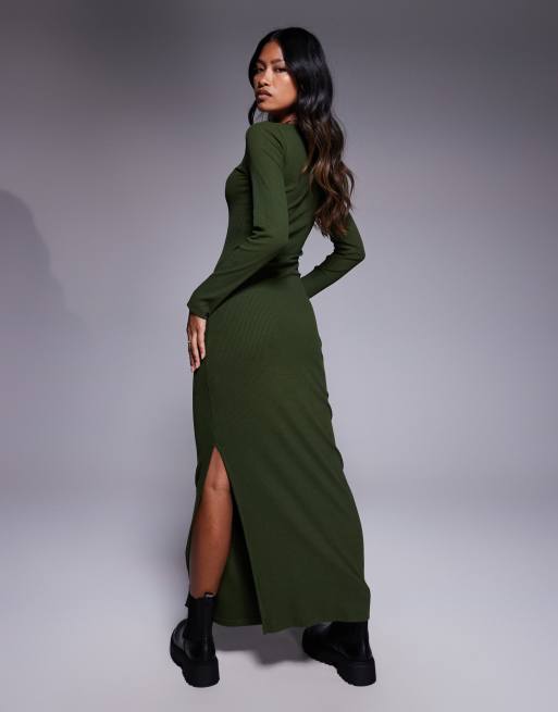 Vestido largo caqui con abertura de canalé de ASOS DESIGN, 2 de 4