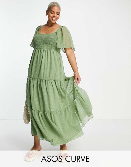 Vestido largo caqui con cuello ancho y borde sin rematar de plumeti de ASOS DESIGN Curve