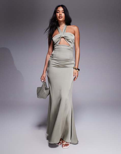 Vestido largo caqui con cuello halter y detalle de abertura delantera con nudo de satén de Aria Cove - view 1