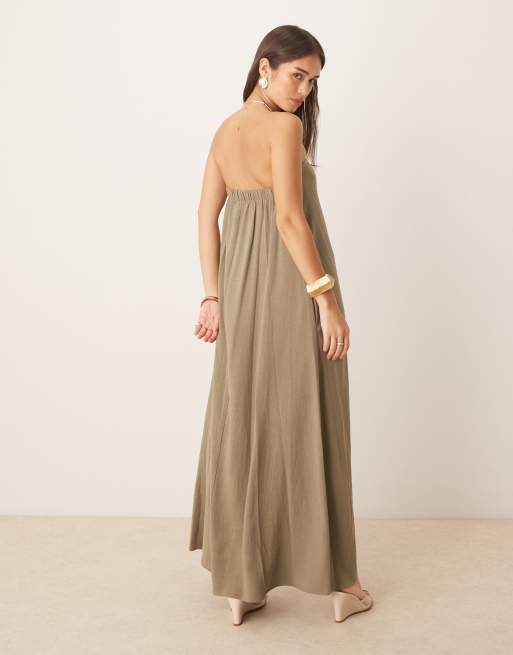 Vestido largo caqui con escote palabra de honor de tejido efecto