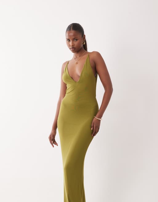 Vestido largo caqui con escote redondeado muy ancho de malla de ASOS DESIGN, 3 de 4