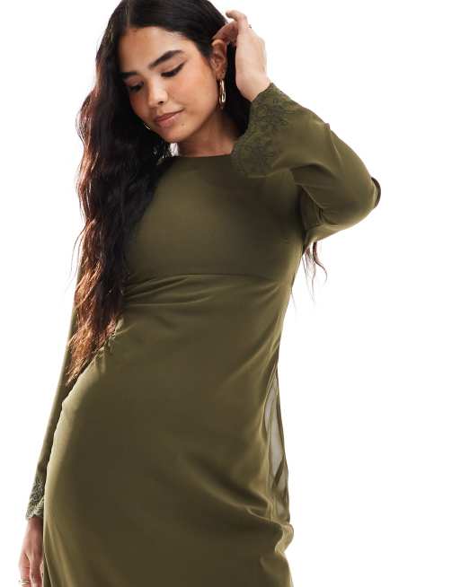 Vestido largo caqui con puños y bajo bordados de ASOS DESIGN , 2 de 4