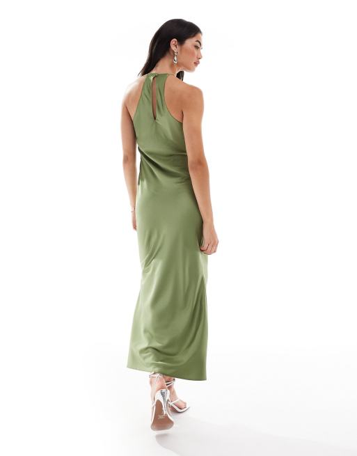 Vestido largo caqui de corte al bies con espalda de nadadora de satén de ASOS DESIGN, 4 de 4
