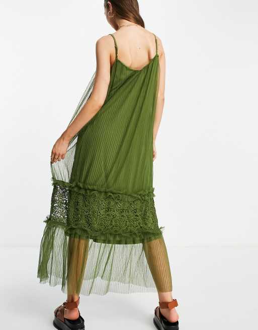 Vestido largo caqui de tirantes con falda escalonada de tul de Vila, 2 de 4