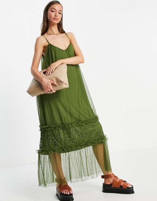 Vestido largo caqui de tirantes con falda escalonada de tul de Vila, 4 de 4