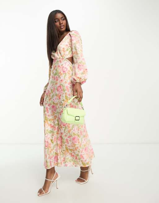 Vestido largo color albaricoque de manga larga con estampado floral de Forever New
