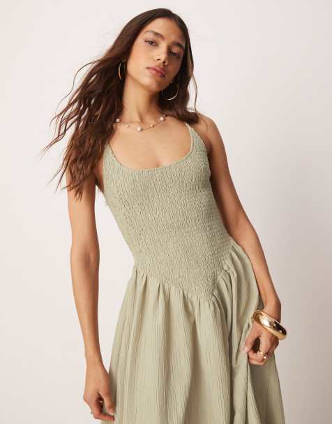 Vestido largo color arena con cuello ancho y tiras cruzadas en la espalda de tejido rugoso de ASOS DESIGN - view 1
