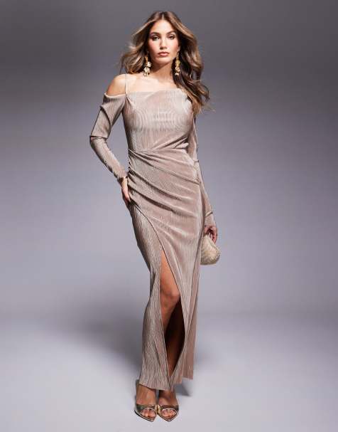 Vestido largo color camel plisado y fruncido con hombro caído de ASOS DESIGN - view 1