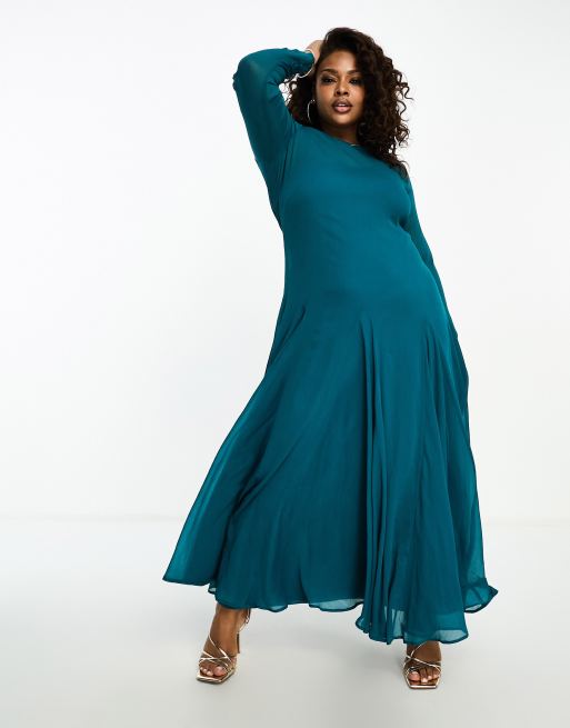 Vestido largo color cerceta de corte amplio de chifón transparente de ASOS DESIGN Curve