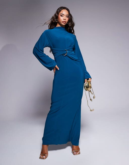Vestido largo color cerceta de manga larga con detalle cruzado envolvente en la cintura de ASOS DESIGN