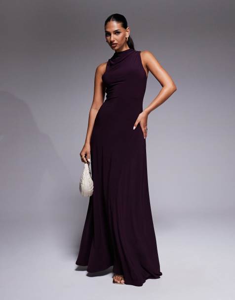 Vestido largo color ciruela con cuello alto y detalle fruncido en la espalda de ASOS DESIGN - view 1