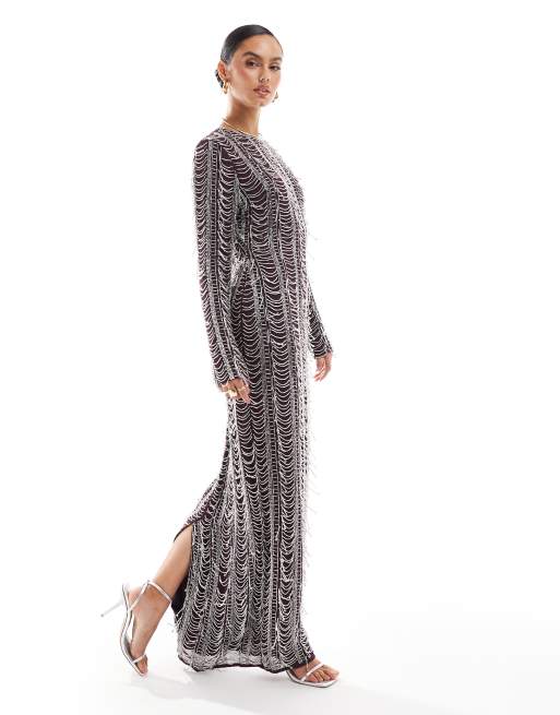 Vestido largo color ciruela de manga larga y corte recto con diseño integral adornado de ASOS DESIGN